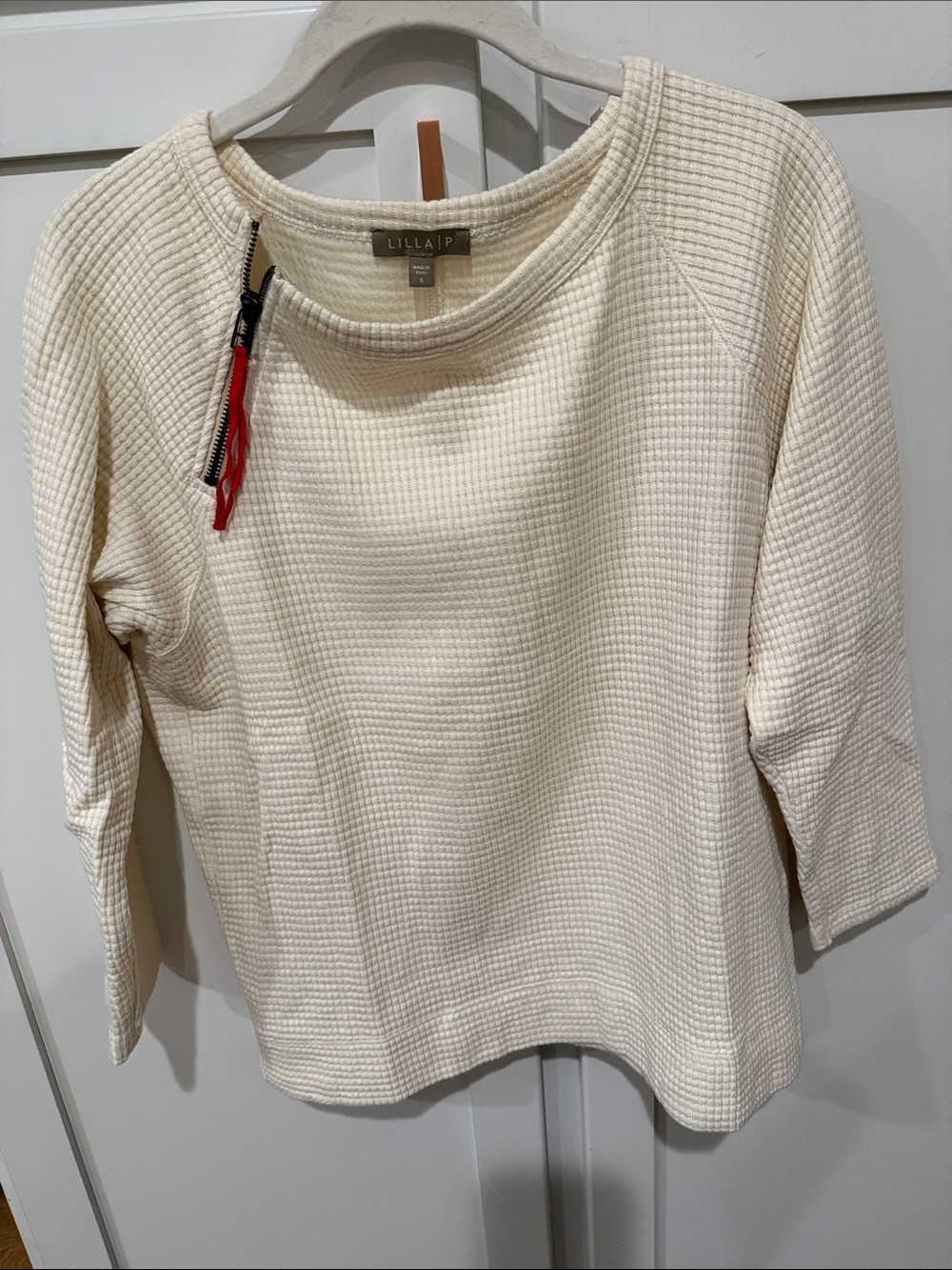 Lilla P Cream Textured Waffle-Knit Pullover with Zip Accent